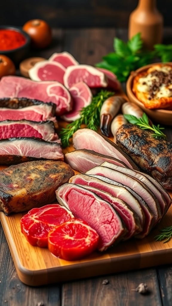 An assortment of meats including steak, chicken, and seafood on a cutting board in a rustic kitchen.